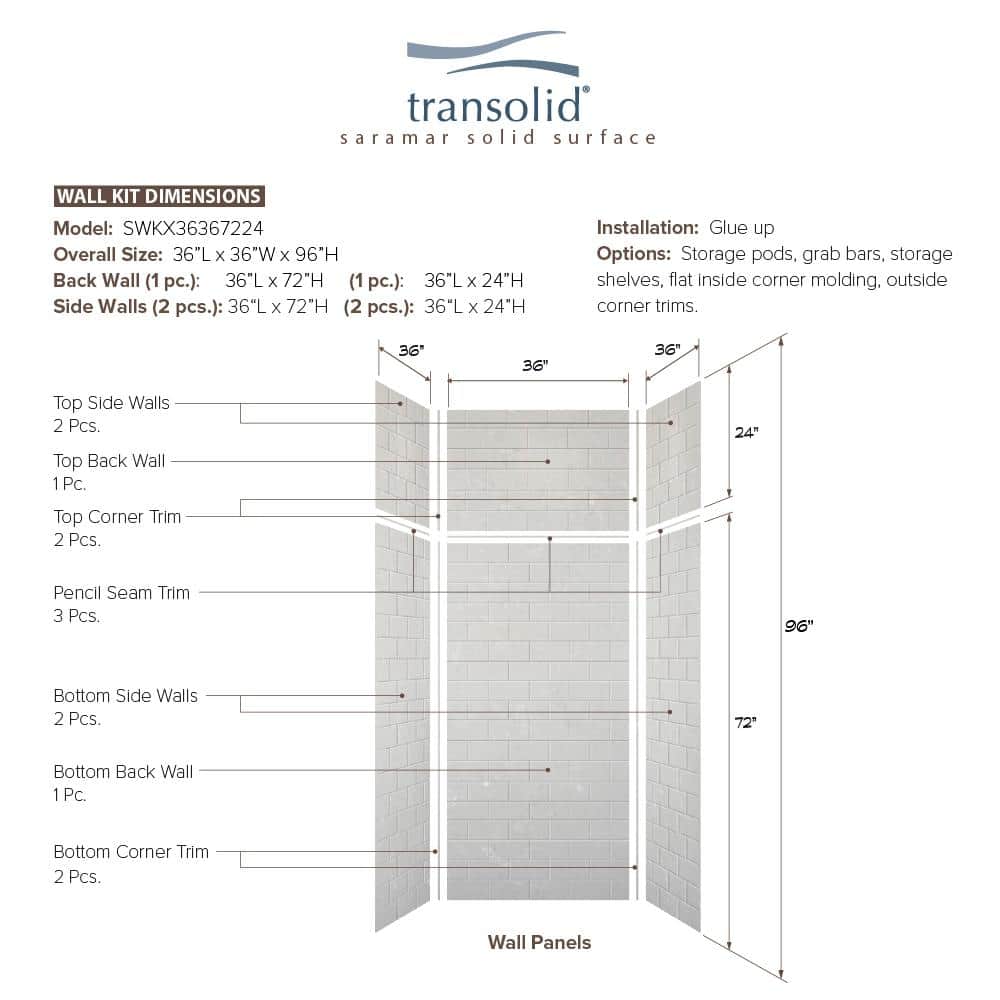 Lunar Gray Solid Surface Subway Tile Shower Wall Kit