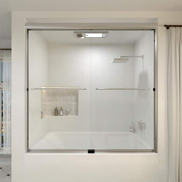 Hermitage Bath Orvix 60 in. W x 56 in. H Sliding Semi Frameless Tub Door in Brushed Nickel Finish with Clear Glass