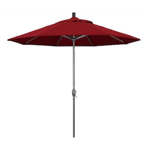 9 ft. Hammertone Grey Aluminum Market Patio Umbrella with Push Button Tilt Crank Lift in Red Olefin