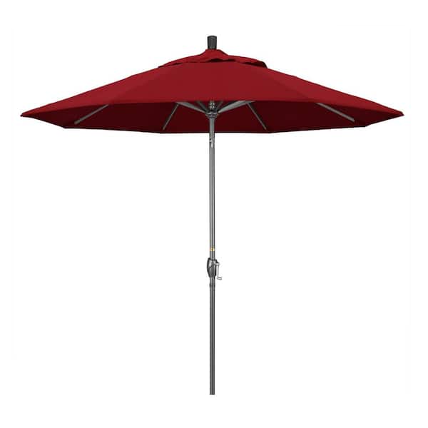 California Umbrella 9 ft. Hammertone Grey Aluminum Market Patio Umbrella with Push Button Tilt Crank Lift in Red Olefin