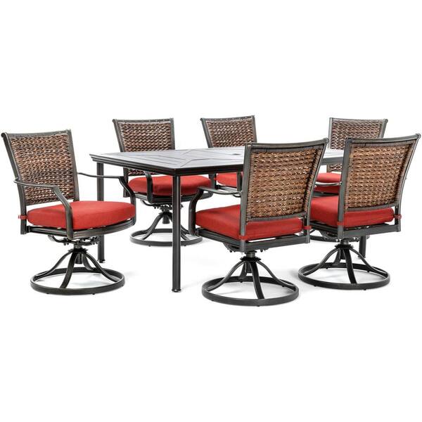 Hanover Mercer 7-Piece Aluminum Outdoor Dining Set with Crimson Red Cushions, 6 Swivel Rockers