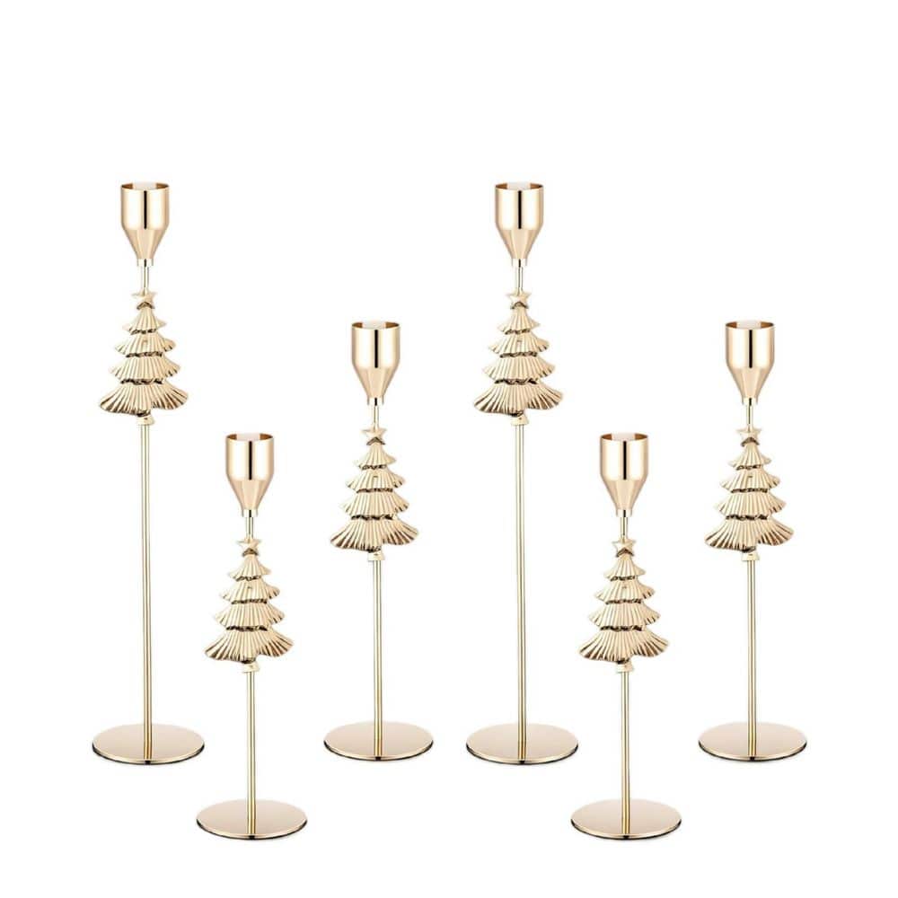 Gold Metal Christmas Tree Taper Candlestick 6 Pieces (3 Sizes