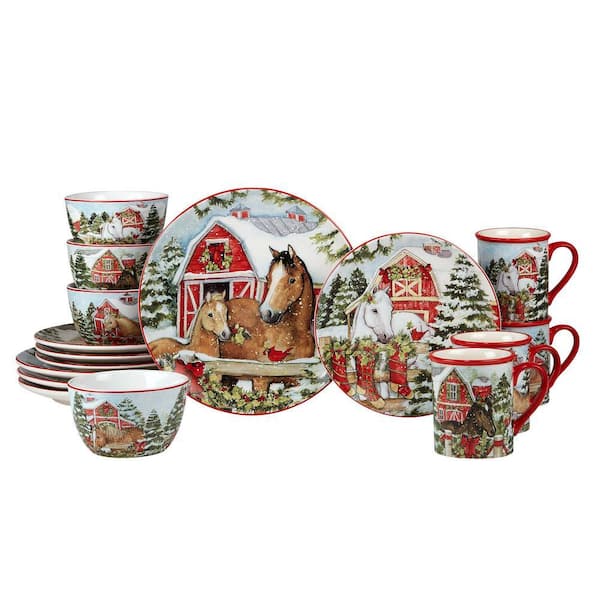 Homestead Christmas 16-Piece Multicolored Earthenware Dinnerware Set (Service Set for 4)