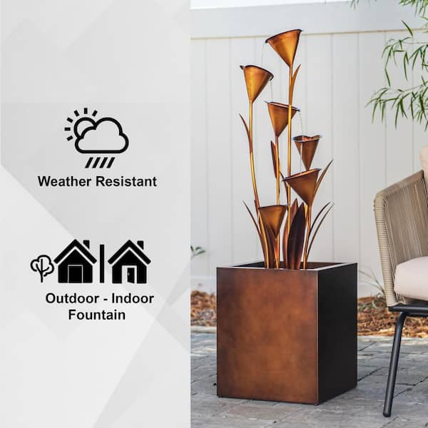 Metal Sculptural Cascade Multi-Tiered Flower Water Fountain, Bronze, 46 in. Tall