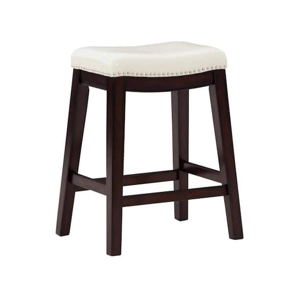Benjara 20 in. Ivory and Brown Backless Wood Frame Bar Stool with Faux Leather Seat (Set of 2)