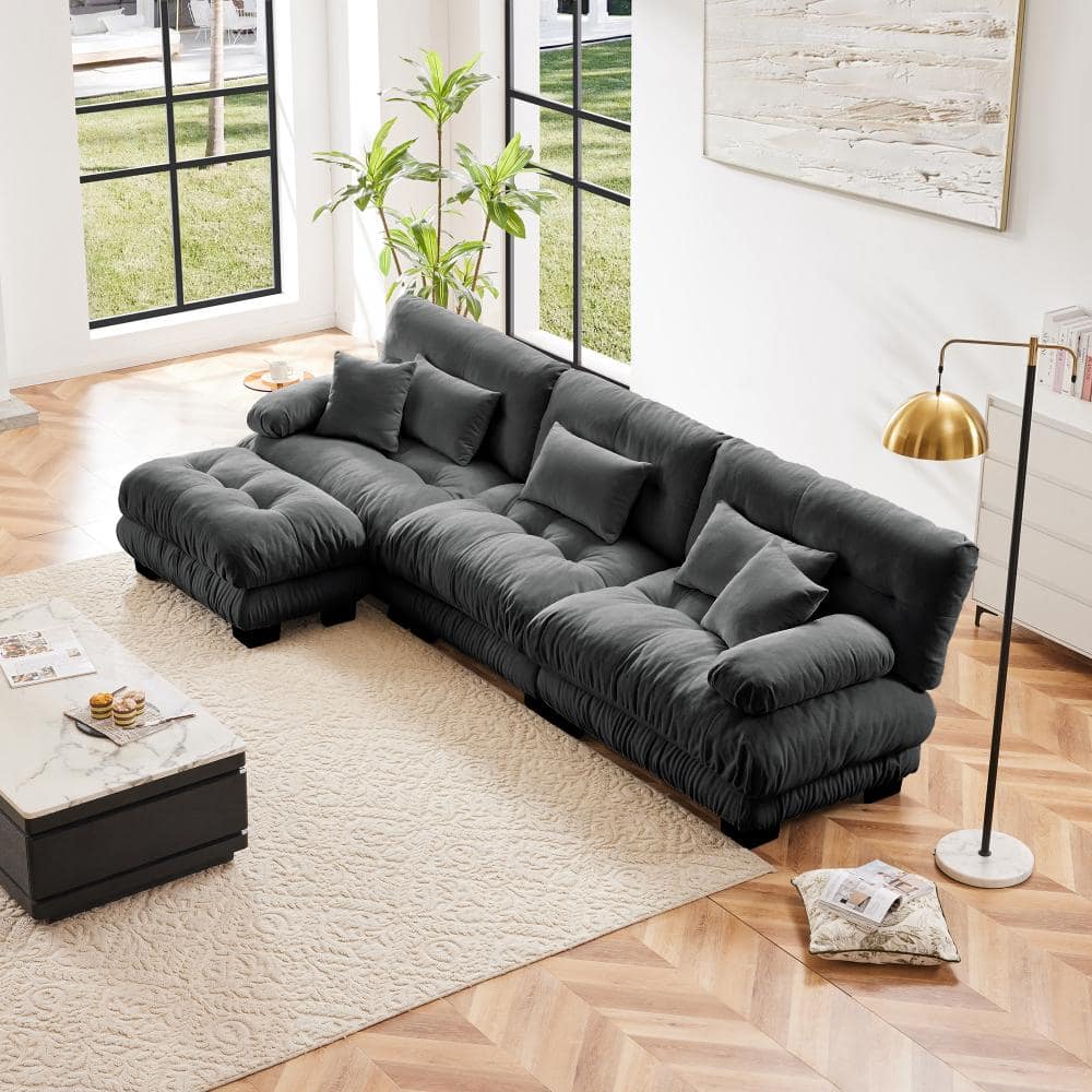 134 in. Rolled Arm Chenille Cloud Couch L-Shaped Deluxe Pillow-Styled Modular Sectional Sofa with Ottoman in. Gray price history on PriceWatchPro