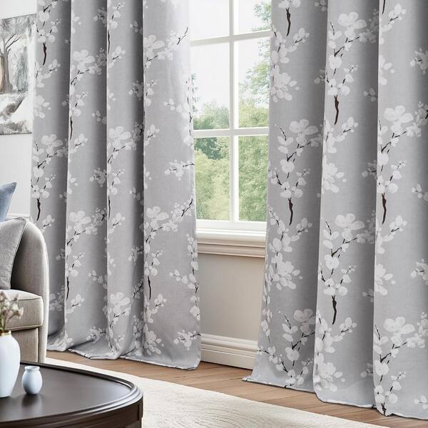Gray Polyester Floral 50 in. W x 84 in. L Grommet Blackout Curtain