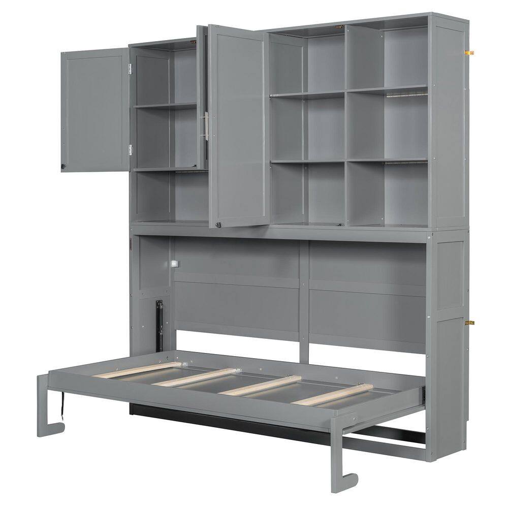 White Wood Frame Twin Size Murphy Bed with Top Cabinet, Shelves, Space Saving Foldable Bed with Light & USB - thumbnail 9