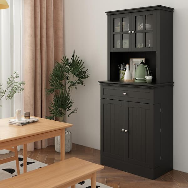 FUFU&GAGA Black Painted Accent Storage Cabinet, Sideboard with Framed Transparent Doors, Drawer, Adjustable Shelves and Hutch