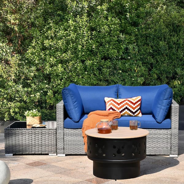 Sanibel Gray 4-Piece Wicker Outdoor Patio Conversation Sofa Set with a Wood-Burning Fire Pit and Navy Blue Cushions