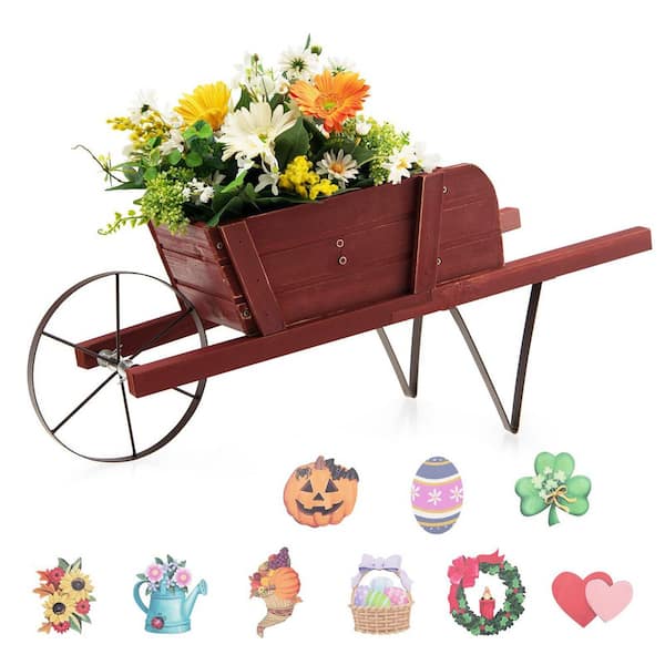 Red Pine Wood and Metal Garden Wagon Planter