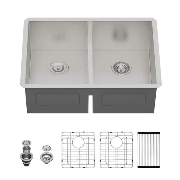30 in. Drop-In Double Bowl Brushed Nickel Stainless Steel Kitchen Sink with Two 10" Deep Basin