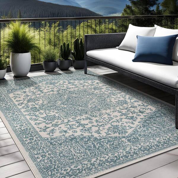 Athena Teal 9 ft. x 12 ft. Rubber Back Washable Oriental Border Indoor Outdoor Patio Area Rug