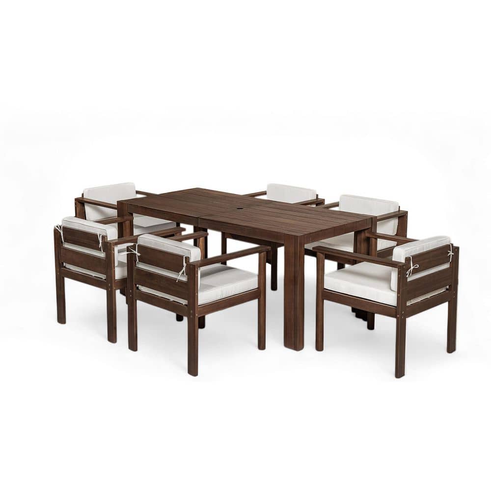 Sudzendf Brushed Mocha 7-Piece Wood Outdoor Dining Set with Beige Cushions and Umbrella Hole for Garden, Backyard, and Poolside 4755TMAAP - The Home Depot