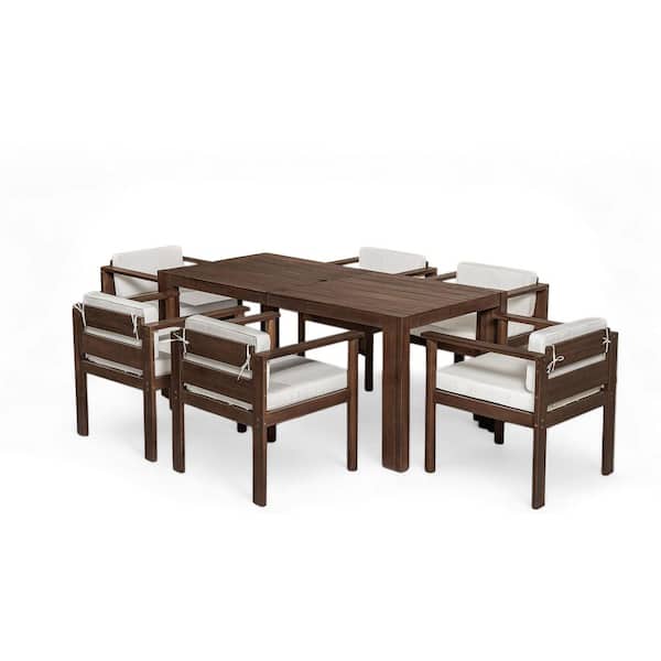 Brushed Mocha 7-Piece Wood Outdoor Dining Set with Beige Cushions and Umbrella Hole for Garden, Backyard, and Poolside