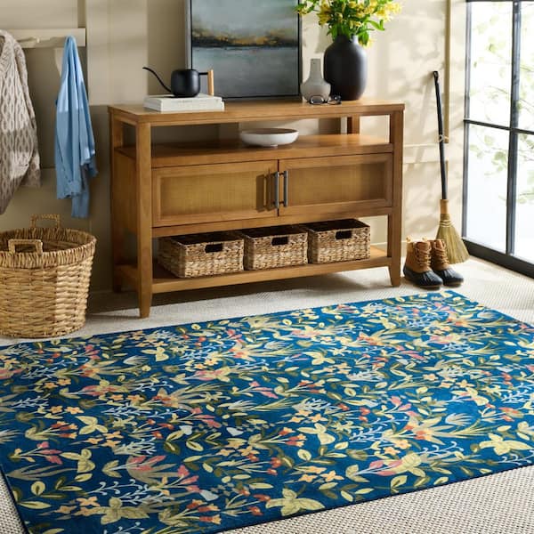 Martha Stewart Washable Navy/Gold 5 ft. x 8 ft. Machine Washable Botanical Floral Area Rug