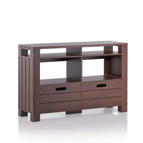 Furniture of America Chuckwan 47.2 in. Vintage Walnut Rectangle Wood Console Table with 4-Open-Shelves