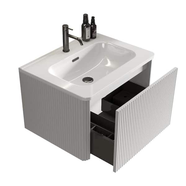 INSTER ENYA 24 in. W. x 18.3 in. D x 15.6 in. H Single Sink Floating Bath Vanity in White with White Ceramic Top