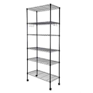 6-Shelf Heavy Duty Shelving with Wheels with Hanging Hooks, Wire Shelving, Adjustable Pantry Organizer, Black