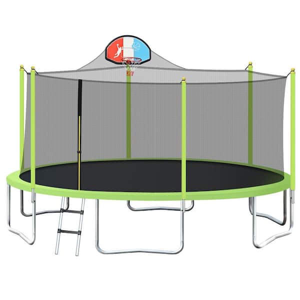 maocao hoom 16 ft. Green Backyard Trampoline with Safety Enclosure, Basketball Hoop and Ladder