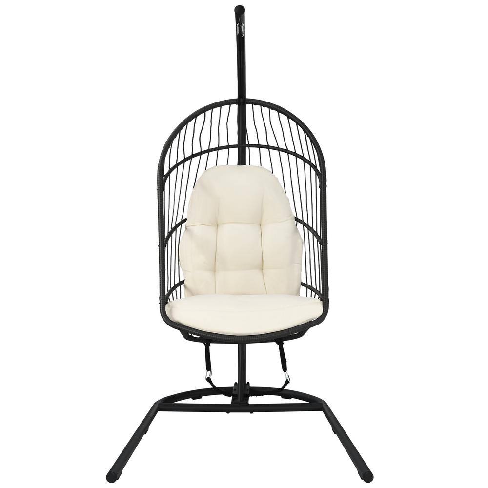 Beige Wicker Hanging Egg Chair with Cushions and Stand