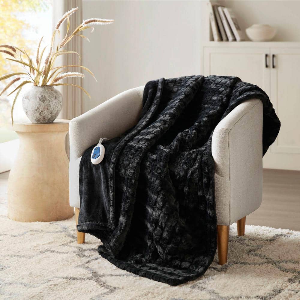 Oversized Black Faux Fur Electric Heated Throw Blanket