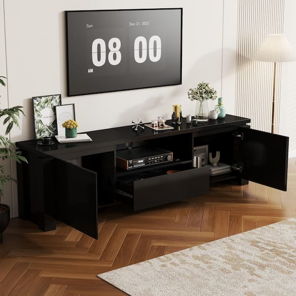 Black High Gloss Finish TV Stand Entertainment Center Fits TVs up to 80 in. with LED Lights and Cable Management
