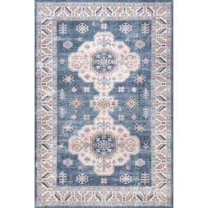 Norma Machine Washable Traditional Medallion Blue 4 ft. x 6 ft. Indoor Area Rug