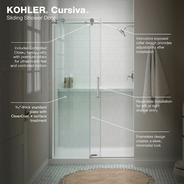 KOHLER Cursiva 44-48 in. W x 78 in. H Sliding Frameless Shower Door in Bright Polished Silver KOHLER Cursiva 44-48 in. W x 78 in. H Sliding Frameless Shower Door in Bright Polished Silver