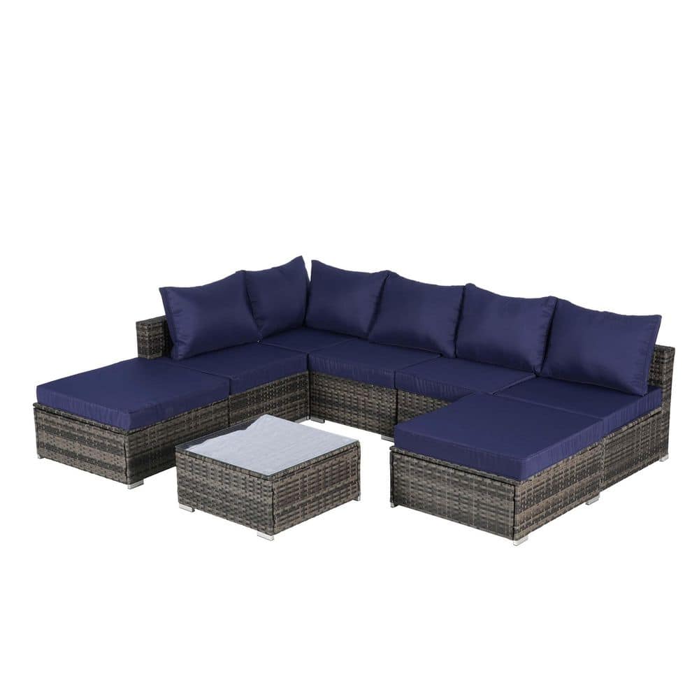 8-Pieces Wicker Outdoor Sectional Set, Sofa Couch with Dark Blue Cushions, 