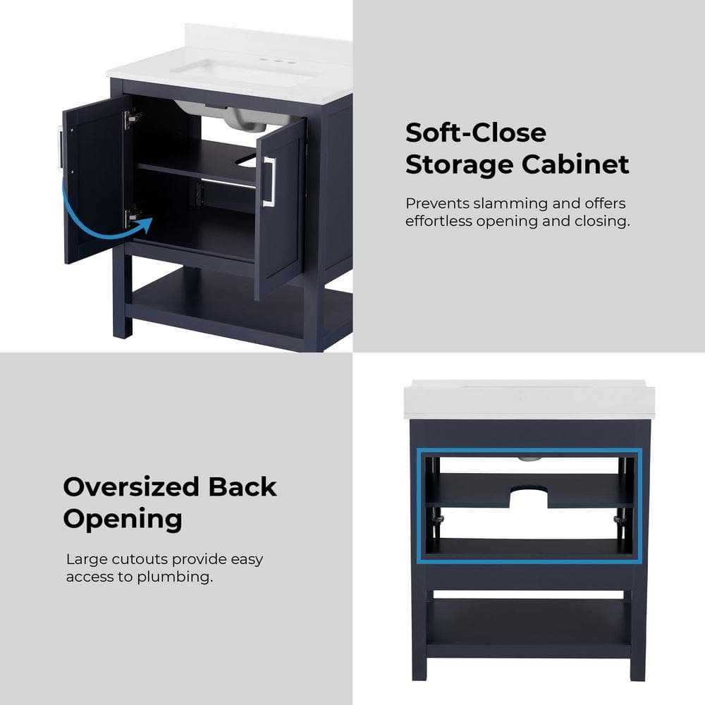 Midnight Blue Freestanding Bathroom Vanity with Marble Top, 30 Inch