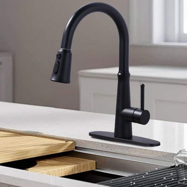 15.4 in. Single Handle Pull Down Sprayer Kitchen Faucet, Kitchen Faucet with 360° Swivel Spout, Matte Black