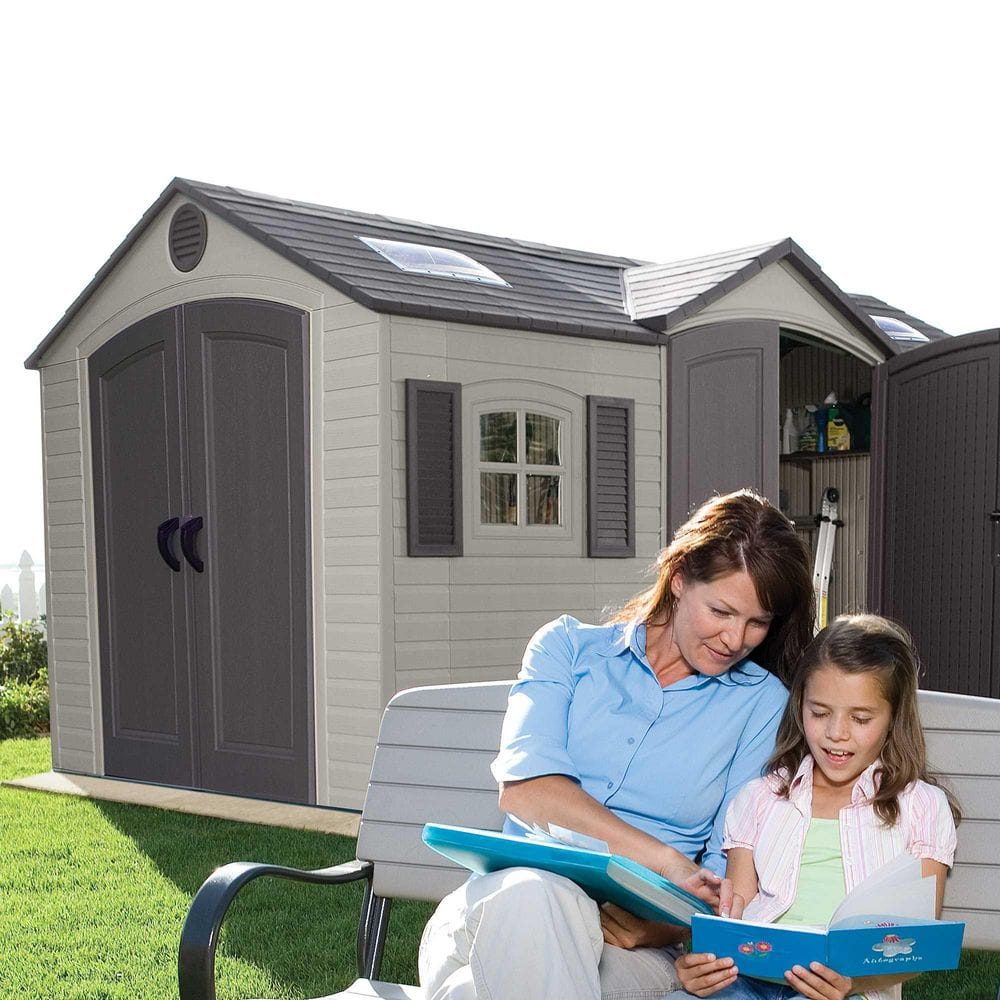 Beige Dual Entry 15' x 8' Outdoor Storage Shed with Windows