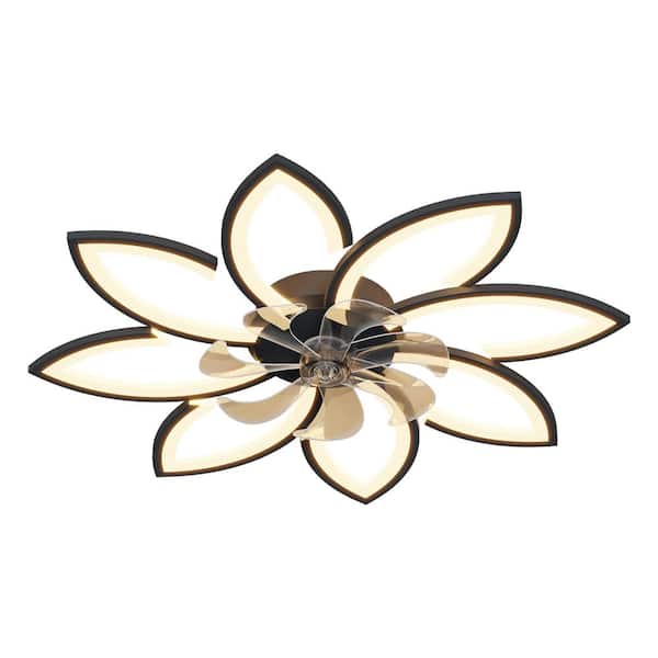 PUDO 35.4 in. Black Flower Type Integrated LED Indoor Ceiling Fan Lighting Fulsh Mount with Reversible Blades