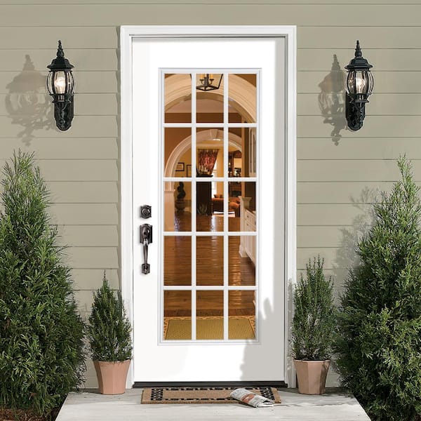 32 in. x 80 in. Ultra White 15 Lite Left Hand Clear Glass Painted Steel Prehung Front Door Brickmold/Vinyl Frame