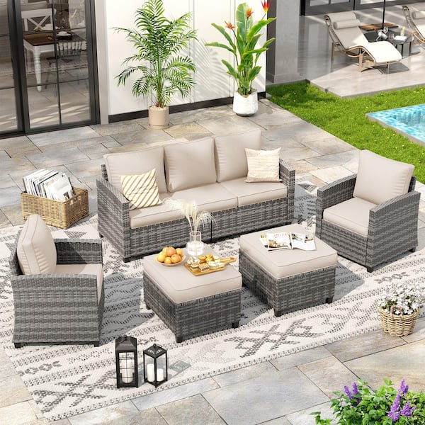 Gray Wicker 5-Person Outdoor Seating Group With Beige Cushions (1-3-Seat Sofa, 2-Single Sofa, 2-Ottomans)