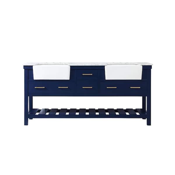 Unbranded Timeless Home 72 in. W x 22 in. D x 34.13 in. H Double Bathroom Vanity Side Cabinet in Blue with White Marble Top