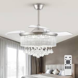 42 in. Indoor Brushed Nickel Downrod 3-Colors LED Crystal Retractable Ceiling Fan with Light Kit and Remote Control