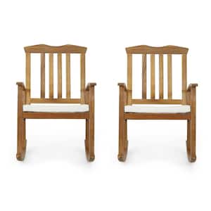 Welby Teak Wood Outdoor Rocking Chair with Beige Cushion (2-Pack)