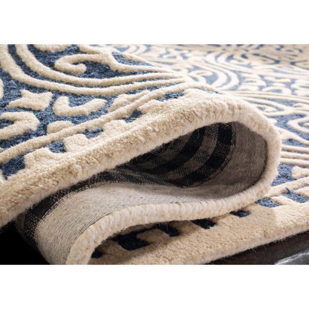 Ivory and Navy Blue Hand-Tufted Wool Geometric Square Rug