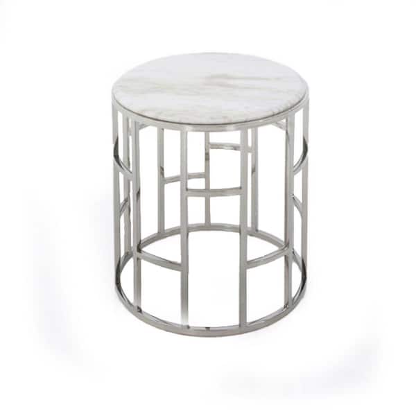 Benjara 20 in. Silver and White Round Marble End Table with Drawer