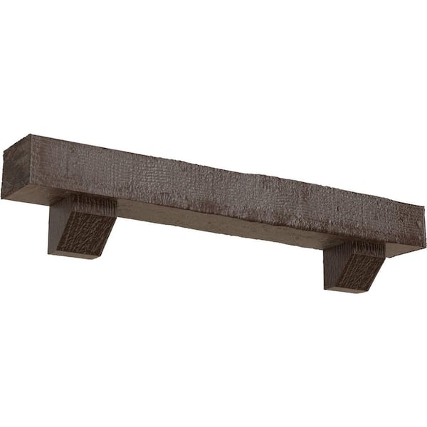 Ekena Millwork 8 in. x 10 in. x 7 ft. Rough Sawn Faux Wood Fireplace Mantel Kit with Ashford Corbels, Aged Pecan