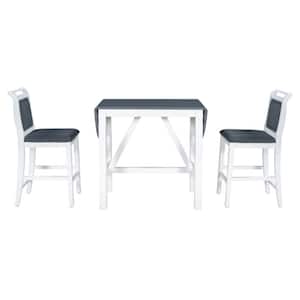 White 3-Piece Wood Counter Height Drop Leaf Design Table Outdoor Dining Set Upholstered Chairs with Gray Cushion