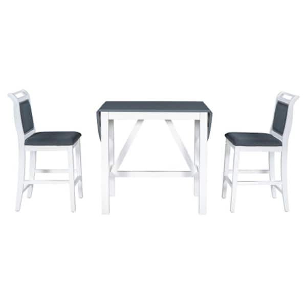Unbranded White 3-Piece Wood Counter Height Drop Leaf Design Table Outdoor Dining Set Upholstered Chairs with Gray Cushion