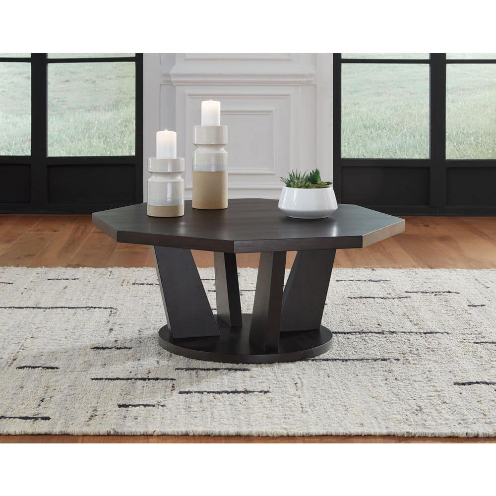 Dark Brown Octagonal Wood Coffee Table with Trapezoid Legs