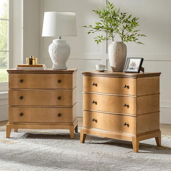 Pascuala 28 in. Teak 3-Drawer Wood Nightstand with Storage Set of 2