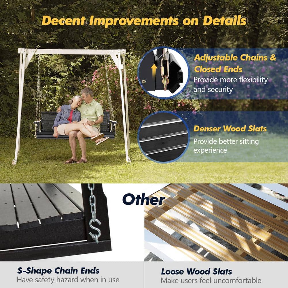 Karl 3-Person Black Wood Outdoor Swing Chair with Chains