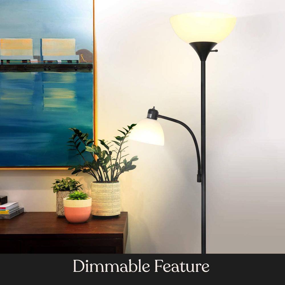 Classic Black Adjustable LED Torchiere Floor Lamp with 3-Way Switch
