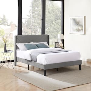 Upholstered Bed Gray Metal Frame Full Platform Bed with Fabric Headboard, Wooden Slats Support