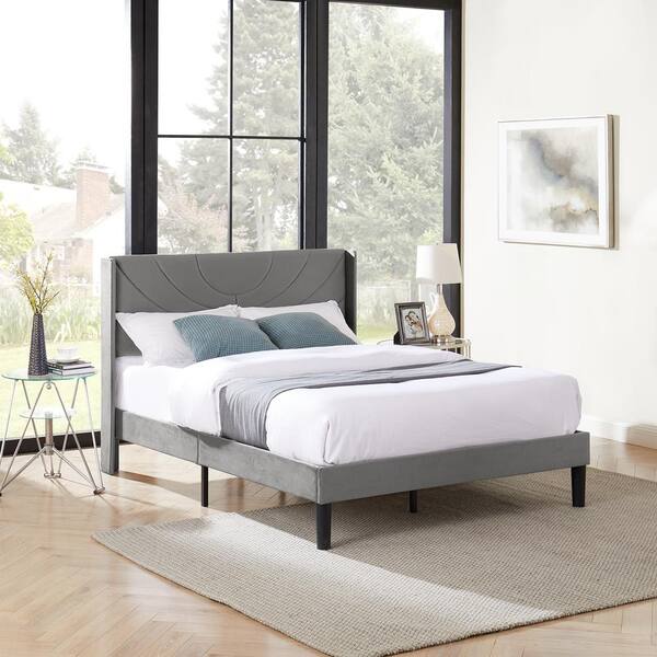 VECELO Upholstered Bed Gray Metal Frame Full Platform Bed With Fabric ...